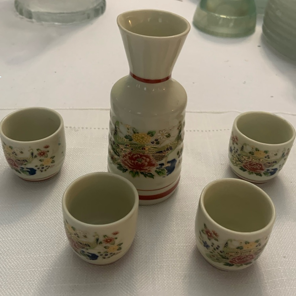 Vintage sake set made in Japan peacock floral design pitcher and 4 cups